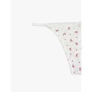 Kadın İç Giyim Kurdele Baskılı Dantel Detaylı Saten String Külot - KOTON - 6SLK30068MK - KIRMIZI DESENLİ - M