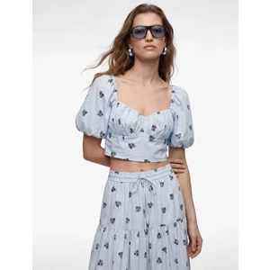 Slim Fit Kalp Yaka Gipeli Kısa Çiçekli Balon Kollu Crop Büstiyer 6SAK60123EW - KOTON - MAVİ DESENLİ - 44