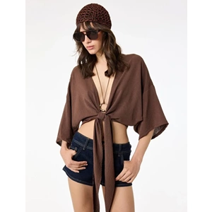 Kısa Kollu Kruvaze Yaka Bağlamalı Crop Oversize Kimono 6SAL50004IW - KOTON - KAHVERENGİ - 36