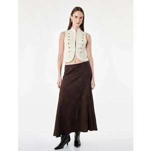 Pileli Floral Dokulu Midi Kloş Midi Etek 7WAK10081EK - KOTON - KAHVERENGİ - S