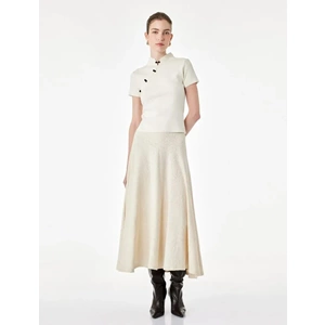 Pileli Floral Dokulu Midi Kloş Midi Etek 7WAK10081EK - KOTON - EKRU - XS