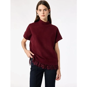 Kolsuz Dantel Detaylı Dik Yaka Bluz 7WAK30038EK - KOTON - BORDO - S