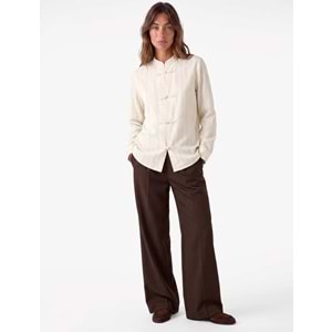 Mandarin Yaka Napolyon Oversize Gömlek 7WAK60096PW - KOTON - BEJ ÇİZGİLİ - 38