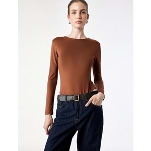 Bisiklet Yaka Uzun Kollu Bodysuit 7WAK80003EK - KOTON - KAHVERENGİ - S