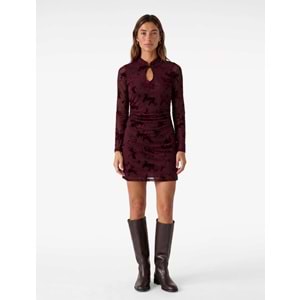 Dik Qipao Yaka Çiçekli Tül Mini Elbise 7WAK80019PK - KOTON - BORDO - XS