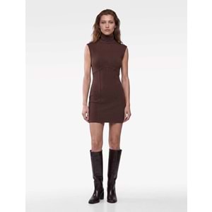 Slim Fit Kolsuz Dik Yaka Mini Elbise 7WAK80065EK - KOTON - KAHVERENGİ - XS