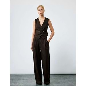 Kadın Giyim Düğmeli Kolsuz V Yaka Blazer Yelek - KOTON - 6WAK20013UW - KAHVERENGİ - 36