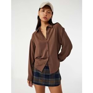 Kadın Giyim Aerobin Kumaş Düğmeli Klasik Yaka Uzun Kollu Oversize Gömlek - KOTON - 6WAL60004IW - KAHVERENGİ - 36