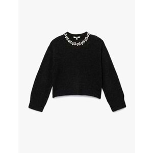 Kadın Giyim Uzun Kollu Bisiklet Yaka Taşlı Triko Kazak 6WAK90145HT