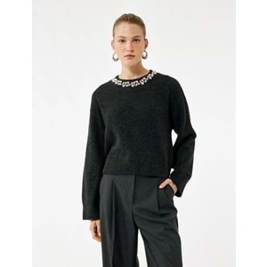 Kadın Giyim Uzun Kollu Bisiklet Yaka Taşlı Triko Kazak 6WAK90145HT