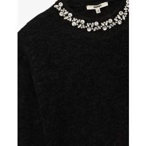 Kadın Giyim Uzun Kollu Bisiklet Yaka Taşlı Triko Kazak 6WAK90145HT