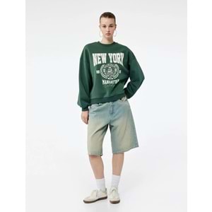 Kadın Giyim Şardonlu Baskılı Uzun Kollu Bisiklet Yaka Oversize Sweatshirt - KOTON - 6WAL10138IK - YEŞİL - M