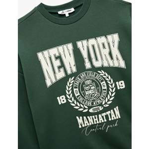 Kadın Giyim Şardonlu Baskılı Uzun Kollu Bisiklet Yaka Oversize Sweatshirt - KOTON - 6WAL10138IK - YEŞİL - M