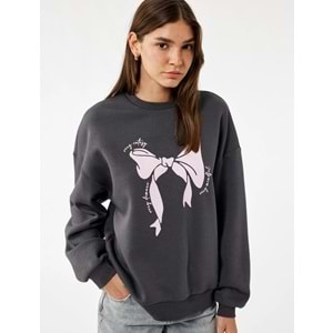 Kadın Giyim Uzun Kollu Bisiklet Yaka Şardonlu Fiyonk Baskılı Sweatshirt - KOTON - 6WAL10168IK - ANTRASİT - S