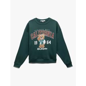 Kadın Giyim Şardonlu Uzun Kollu Bisiklet Yaka Ayıcık Baskılı Oversize Sweatshirt - KOTON - 6WAL10234IK - YEŞİL - XS