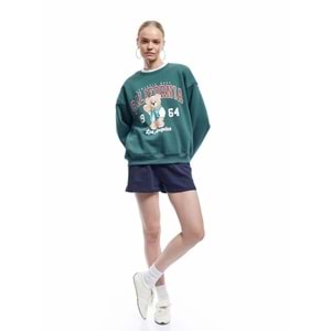 Kadın Giyim Şardonlu Uzun Kollu Bisiklet Yaka Ayıcık Baskılı Oversize Sweatshirt - KOTON - 6WAL10234IK - YEŞİL - XS