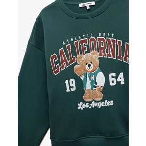 Kadın Giyim Şardonlu Uzun Kollu Bisiklet Yaka Ayıcık Baskılı Oversize Sweatshirt - KOTON - 6WAL10234IK - YEŞİL - XS