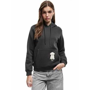 Kadın Giyim Şardonlu Uzun Kollu Kapüşonlu Köpek Nakışlı Kanguru Cepli Sweatshirt - KOTON - 6WAL10236IK - ANTRASİT - XS