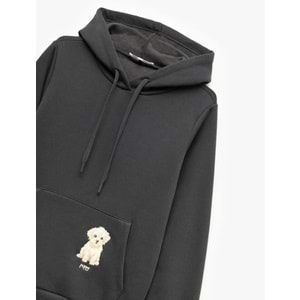 Kadın Giyim Şardonlu Uzun Kollu Kapüşonlu Köpek Nakışlı Kanguru Cepli Sweatshirt - KOTON - 6WAL10236IK - ANTRASİT - XS