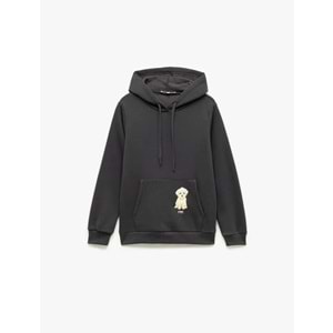 Kadın Giyim Şardonlu Uzun Kollu Kapüşonlu Köpek Nakışlı Kanguru Cepli Sweatshirt - KOTON - 6WAL10236IK - ANTRASİT - XS