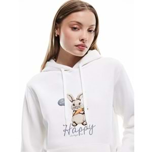 Kadın Giyim Üç İplik Şardonlu Nakış Detaylı Kanguru Cepli Kapüşonlu Sweatshirt - KOTON - 6WAL10238IK - EKRU - XS