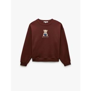 Kadın Giyim Ayıcık Nakışlı Şardonlu Uzun Kollu Bisiklet Yaka Oversize Sweatshirt - KOTON - 6WAL10241IK - KAHVERENGİ - S