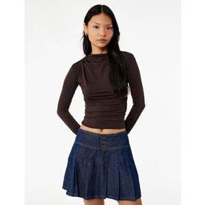 Kadın Giyim Drape Detaylı Dar Kesim Uzun Kollu Tişört - KOTON - 6WAL10251IK - KAHVERENGİ - XS