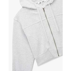 Kadın Giyim Rahat Kalıp Cep Detaylı Kapüşonlu Fermuarlı Crop Sweatshirt - KOTON - 6WAL10354IK - KAR MELANJ - XS
