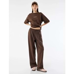 Kadın Giyim Pamuklu Rahat Kalıp Pileli Beli Bağcıklı Geniş Paça Eşofman Altı - KOTON - 6WAL40058IK - KAHVERENGİ - S