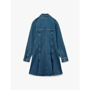 Kadın Giyim Pamuklu Uzun Kollu Klasik Yaka Düğmeli Volanlı Mini Denim Elbise - KOTON - 6WAL80010MD - KOYU İNDİGO - 38