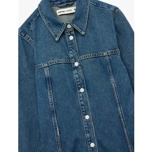 Kadın Giyim Pamuklu Uzun Kollu Klasik Yaka Düğmeli Volanlı Mini Denim Elbise - KOTON - 6WAL80010MD - KOYU İNDİGO - 38