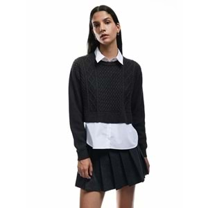 Kadın Giyim Uzun Kollu Gömlek Yaka Saç Örgü Dokulu Viskon Karışımlı Kazak - KOTON - 6WAL90003IT - ANTRASİT - S