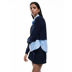 Kadın Giyim Uzun Kollu Gömlek Yaka Saç Örgü Dokulu Viskon Karışımlı Kazak - KOTON - 6WAL90003IT - LACİVERT - S