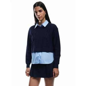 Kadın Giyim Uzun Kollu Gömlek Yaka Saç Örgü Dokulu Viskon Karışımlı Kazak - KOTON - 6WAL90003IT - LACİVERT - S