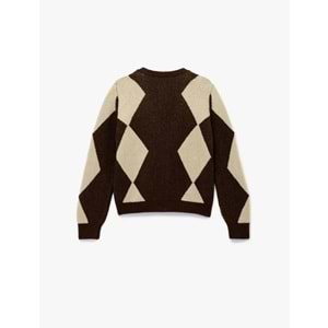 Kadın Giyim V Yaka Uzun Kollu Baklava Desenli Triko Hırka - KOTON - 6WAL90080HT - KAHVERENGİ DESENLİ - M