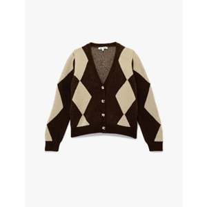 Kadın Giyim V Yaka Uzun Kollu Baklava Desenli Triko Hırka - KOTON - 6WAL90080HT - KAHVERENGİ DESENLİ - M