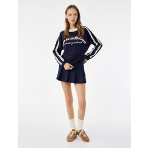 Kadın Giyim Dantel Detaylı Uzun Kollu Desenli Bisiklet Yaka Kazak - KOTON - 6WAL90114HT - LACİVERT - L