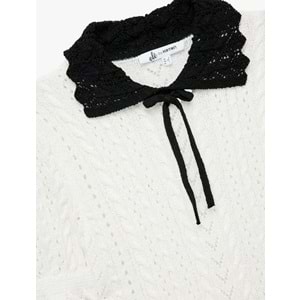 Kadın Giyim Kısa Kollu Bebe Yaka Fiyonklu Ajurlu Triko Kazak - KOTON - 6WAL90121HT - EKRU - XS