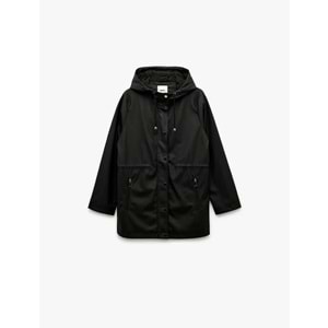 Kadın Giyim Cepli Beli Bağlamalı Uzun Kollu Fermuarlı Kapüşonlu Yağmurluk - KOTON - 6WAK00007EW - SİYAH - 34