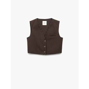 Kadın Giyim Kolsuz Cepli V Yaka Düğmeli Crop Yelek - KOTON - 6WAK20011PW - KAHVERENGİ ÇİZGİLİ - 38