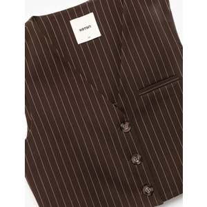 Kadın Giyim Kolsuz Cepli V Yaka Düğmeli Crop Yelek - KOTON - 6WAK20011PW - KAHVERENGİ ÇİZGİLİ - 38