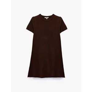 Kadın Giyim Regular Fit Kısa Kollu Bisiklet Yaka A Kesim Mini Triko Elbise - KOTON - 6WAK80007HT - KAHVERENGİ - L