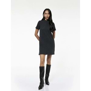 Kadın Giyim Slim Fit Kısa Kollu Dik Yaka Mini Triko Elbise - KOTON - 6WAK80023EK - ANTRASİT - S