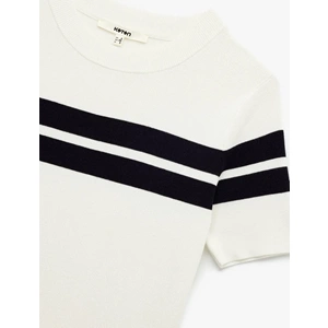 Kadın Giyim Viskon Kumaş Kısa Kollu Bisiklet Yaka Triko Sweatshirt - KOTON - 6WAK90118HT - LACİVERT ÇİZGİLİ - M