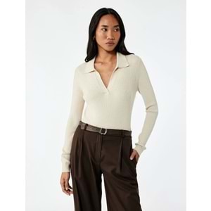 Kadın Giyim Uzun Kollu Polo Yaka Triko Kazak - KOTON - 6WAK90122HT - BEJ - L