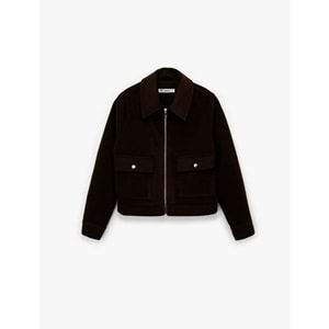 Kadın Giyim Uzun Kollu Klasik Yaka Cep Detaylı Oversize Fermuarlı Ceket - KOTON - 6WAL60068IW - KAHVERENGİ - 40