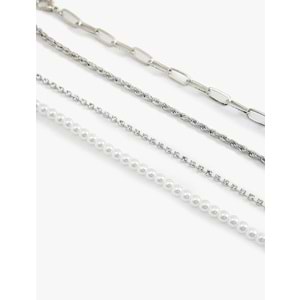 Kadın Aksesuar Taşlı İnci Detaylı 4'lü Zincir Bileklik Seti