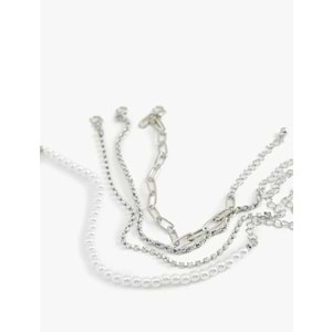 Kadın Aksesuar Taşlı İnci Detaylı 4'lü Zincir Bileklik Seti