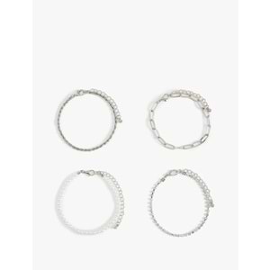 Kadın Aksesuar Taşlı İnci Detaylı 4'lü Zincir Bileklik Seti