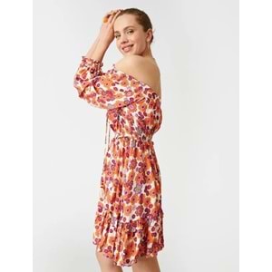 Kadın Giyim Elbise Omzu Açık Mini Gipe Detaylı 2SAK80268EW Turuncu Desen